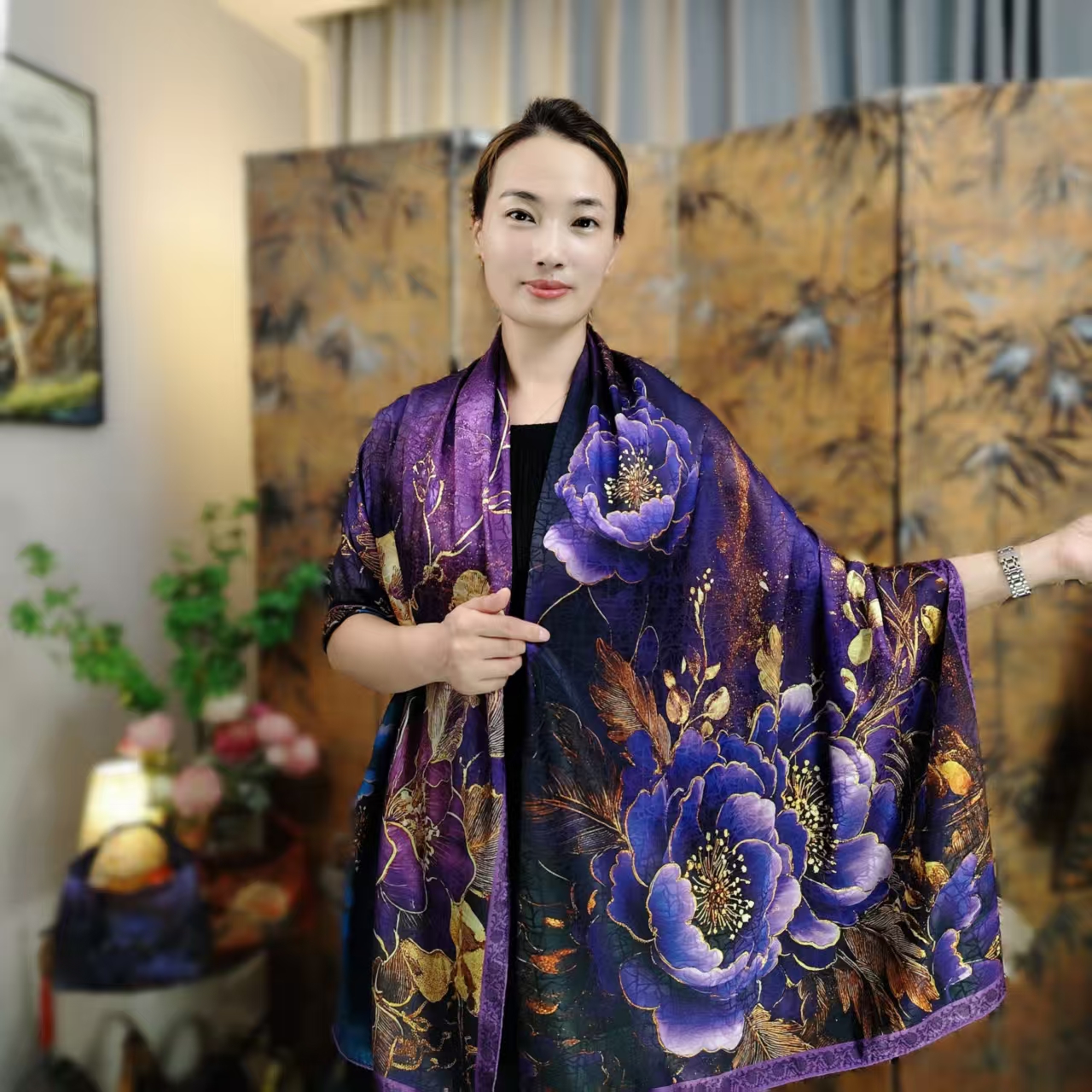 【紫韵牡丹】香云龟裂纹180*70长巾披肩外搭洋气高档2025年新款双面