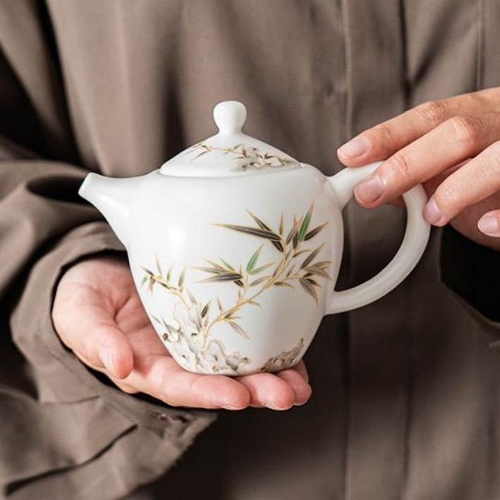 LSY超大号单个乳白色竹制陶瓷白瓷茶壶茶具F330