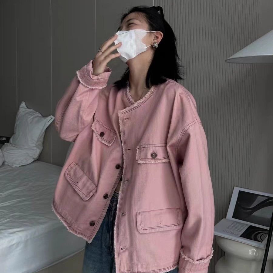 超好看得粉色软牛仔秋季百搭宽松型复古女休闲时尚直筒型短外套