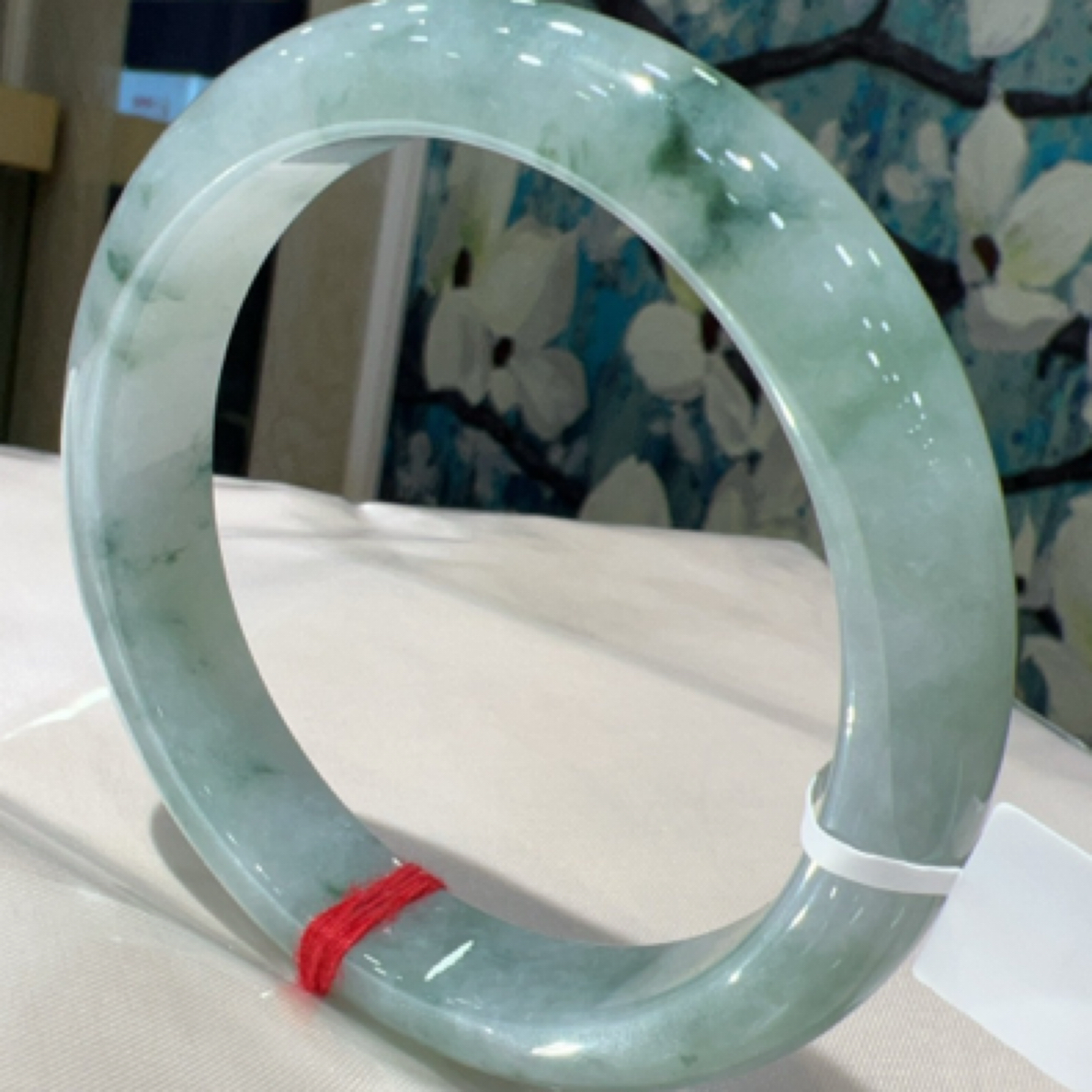 天然A货翡翠手镯，冰飘蓝花水润冰透，圈口57-58