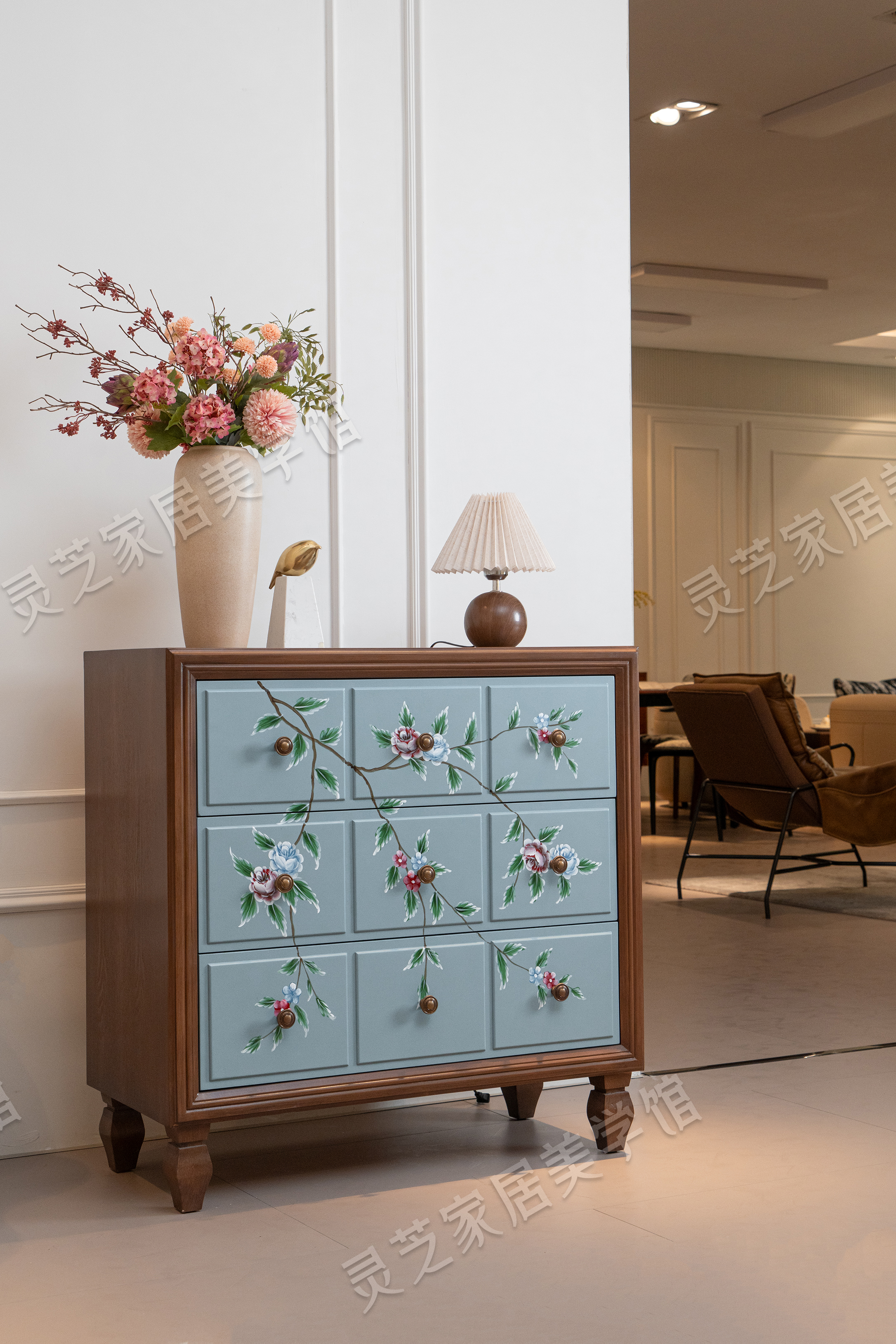 多功能新中式斗柜三斗柜美式乡村雕花斗柜美式