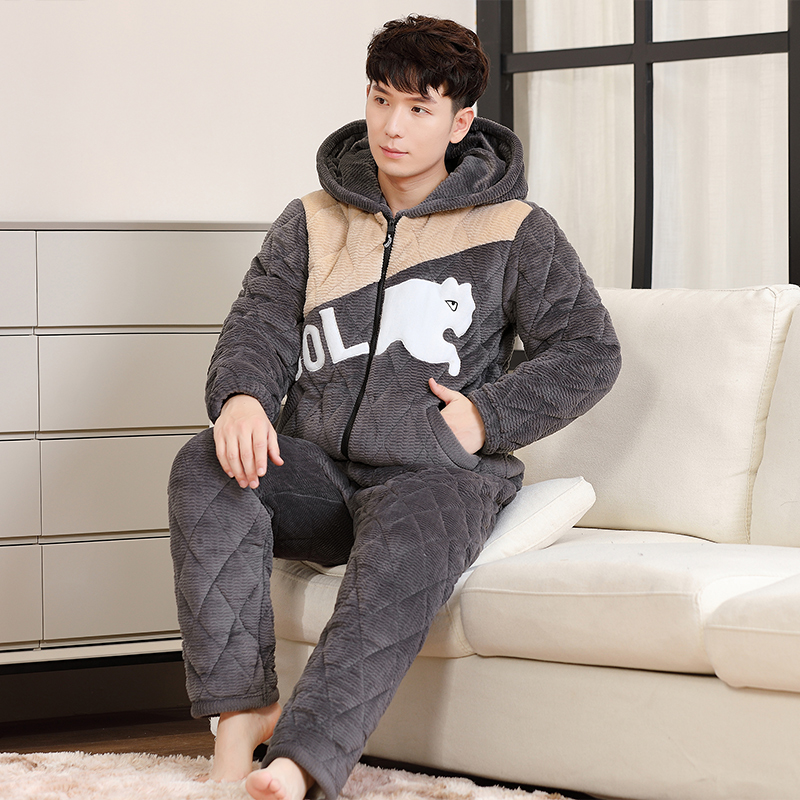青年男生休闲冬天款学生男士可外穿拉链款睡衣家居服加绒加厚保暖