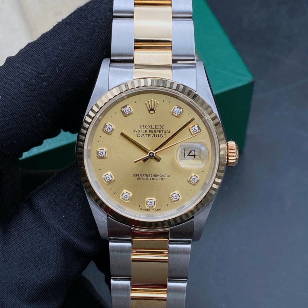 99新 Rolex/劳力士 日志16233/香槟金盘钻刻/机械男表/表径36