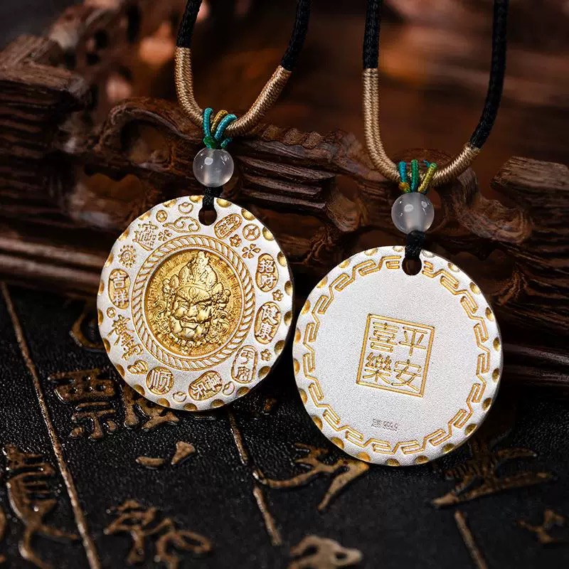 吊坠足银 999描金吉言黄财神 个性实心百搭双面吊坠男女项坠