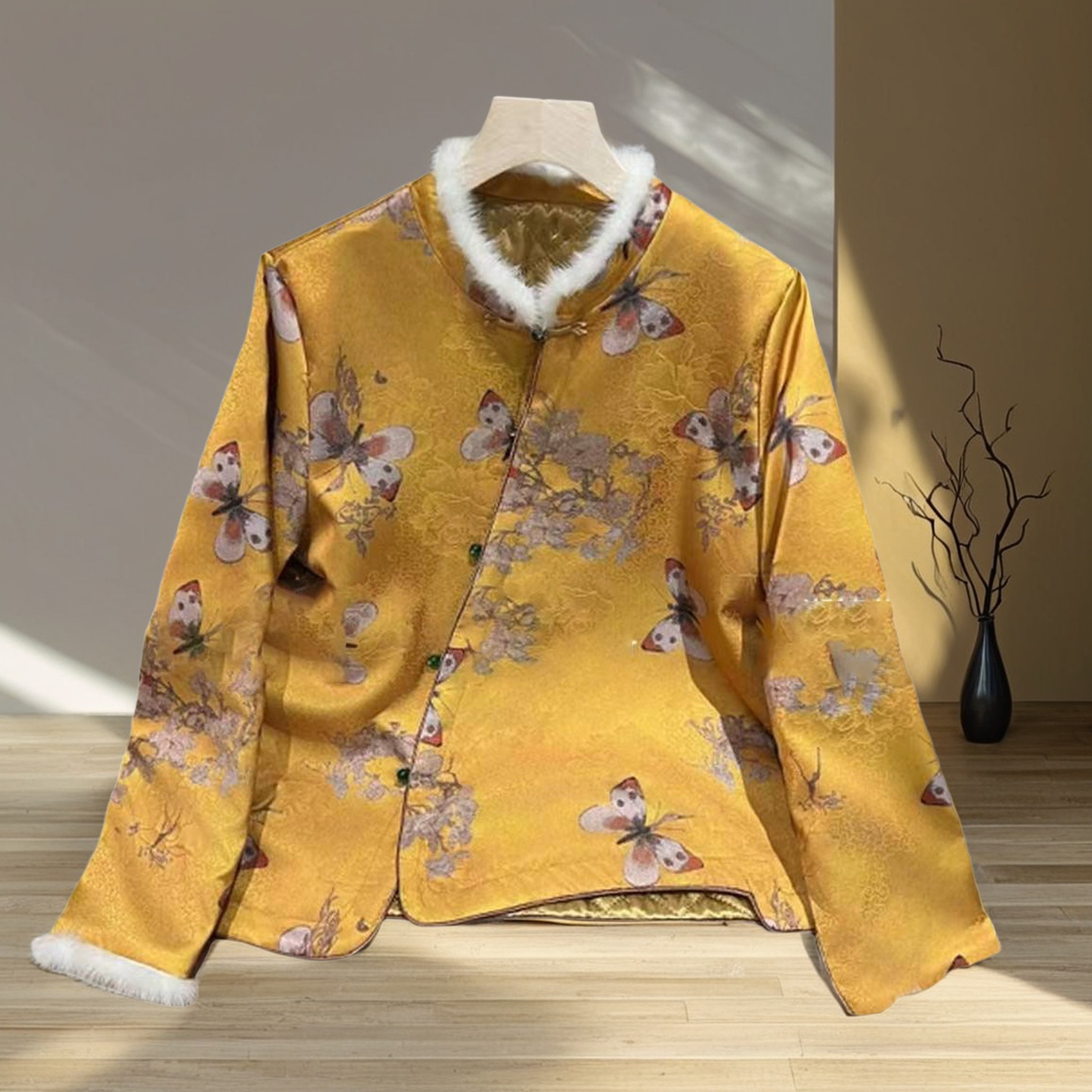 新中式国风秋冬加棉水貂毛立领斜襟打底衫宽松毛边提花小衫605