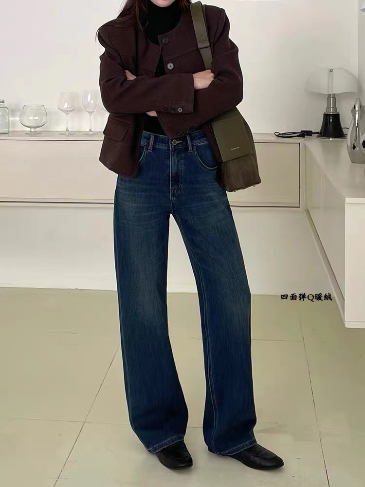 85881 露露 冬季高腰蓝色Q暖绒直筒阔腿裤牛仔裤女