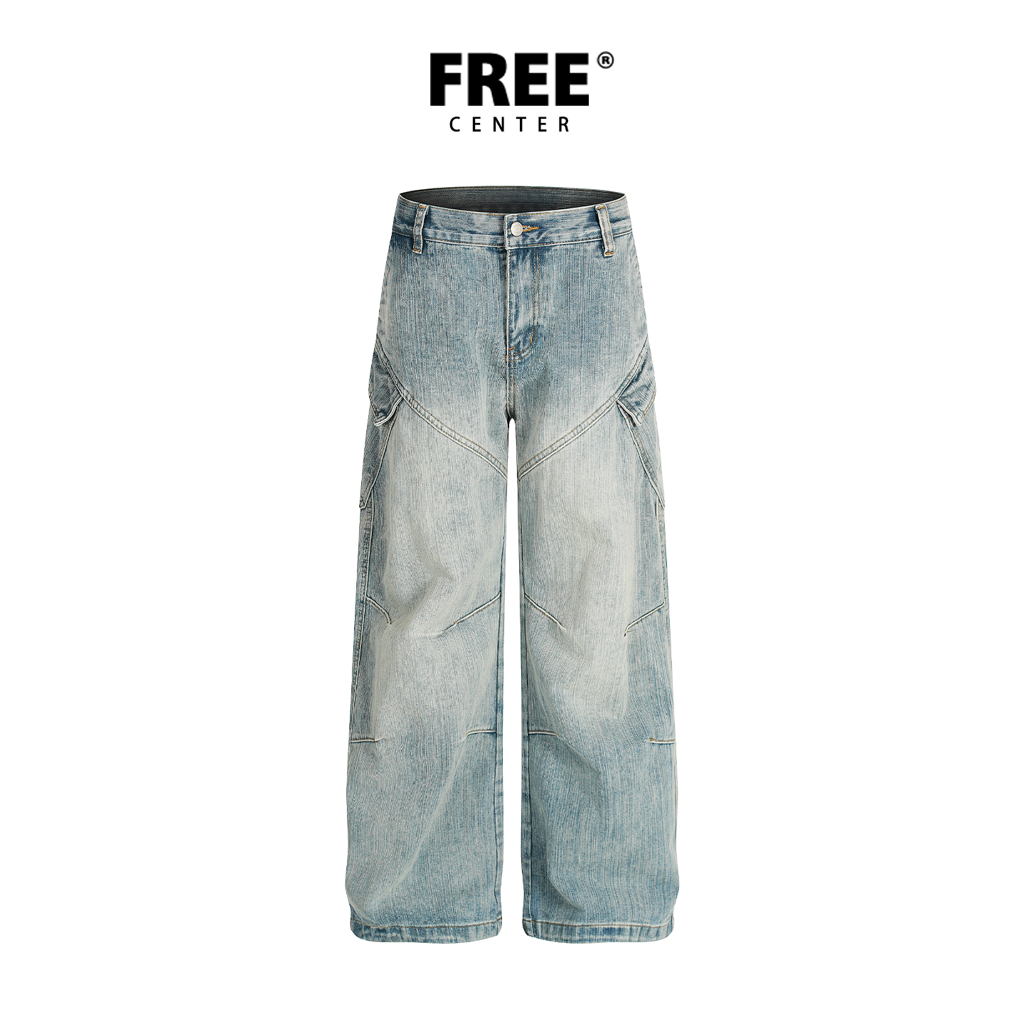 Free Center美式复古水洗做旧牛仔裤男女同款秋季休闲显瘦阔腿裤