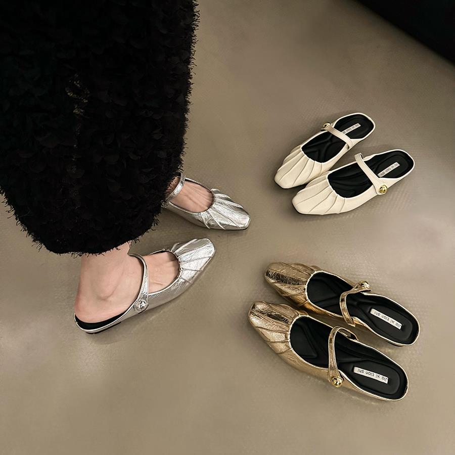 平底晚晚包头半拖女鞋子外穿2025新款夏玛丽珍凉拖内增高银色单鞋