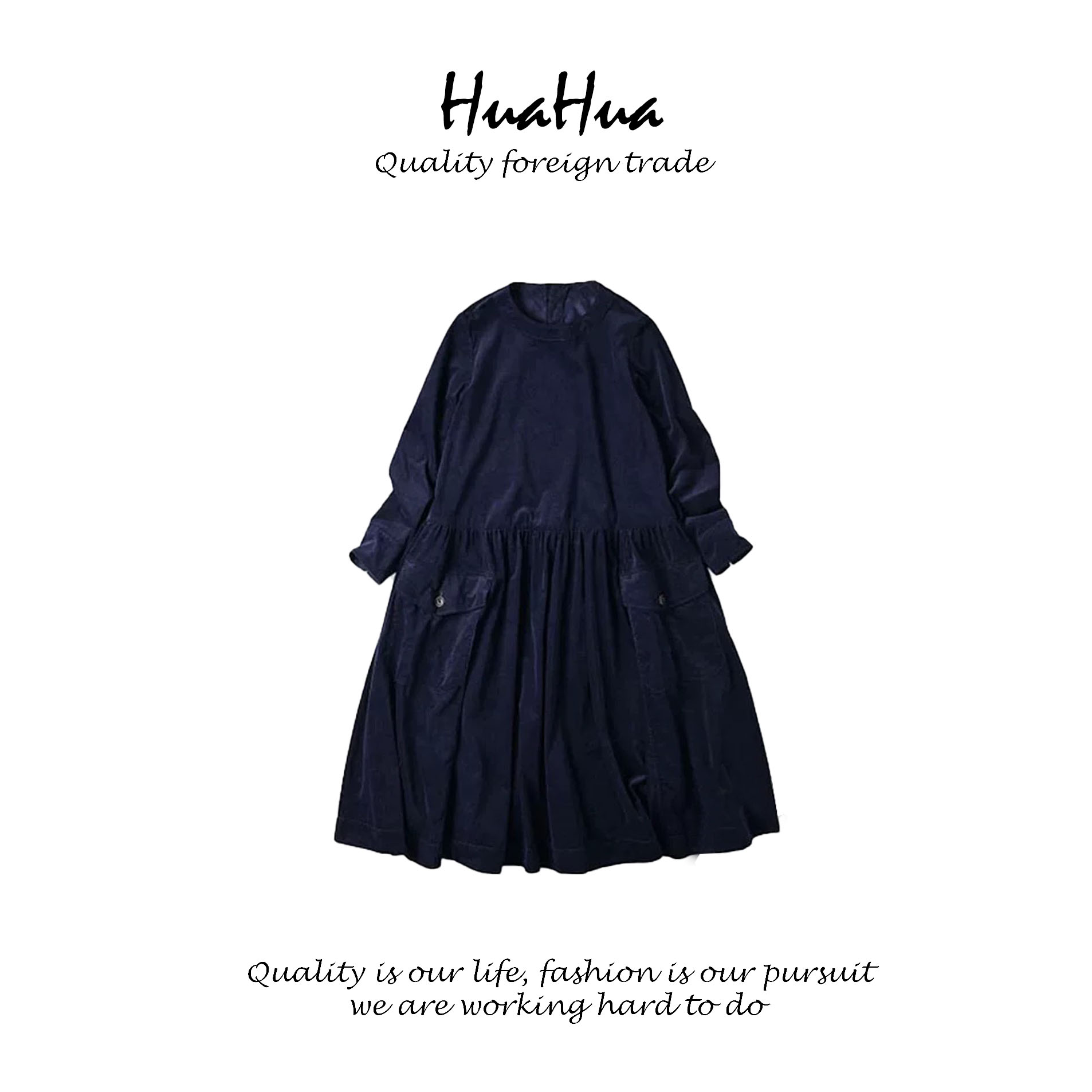 HUAYT 全棉凹凸平纹针织连衣裙大口袋圆领25年新款 YT99184