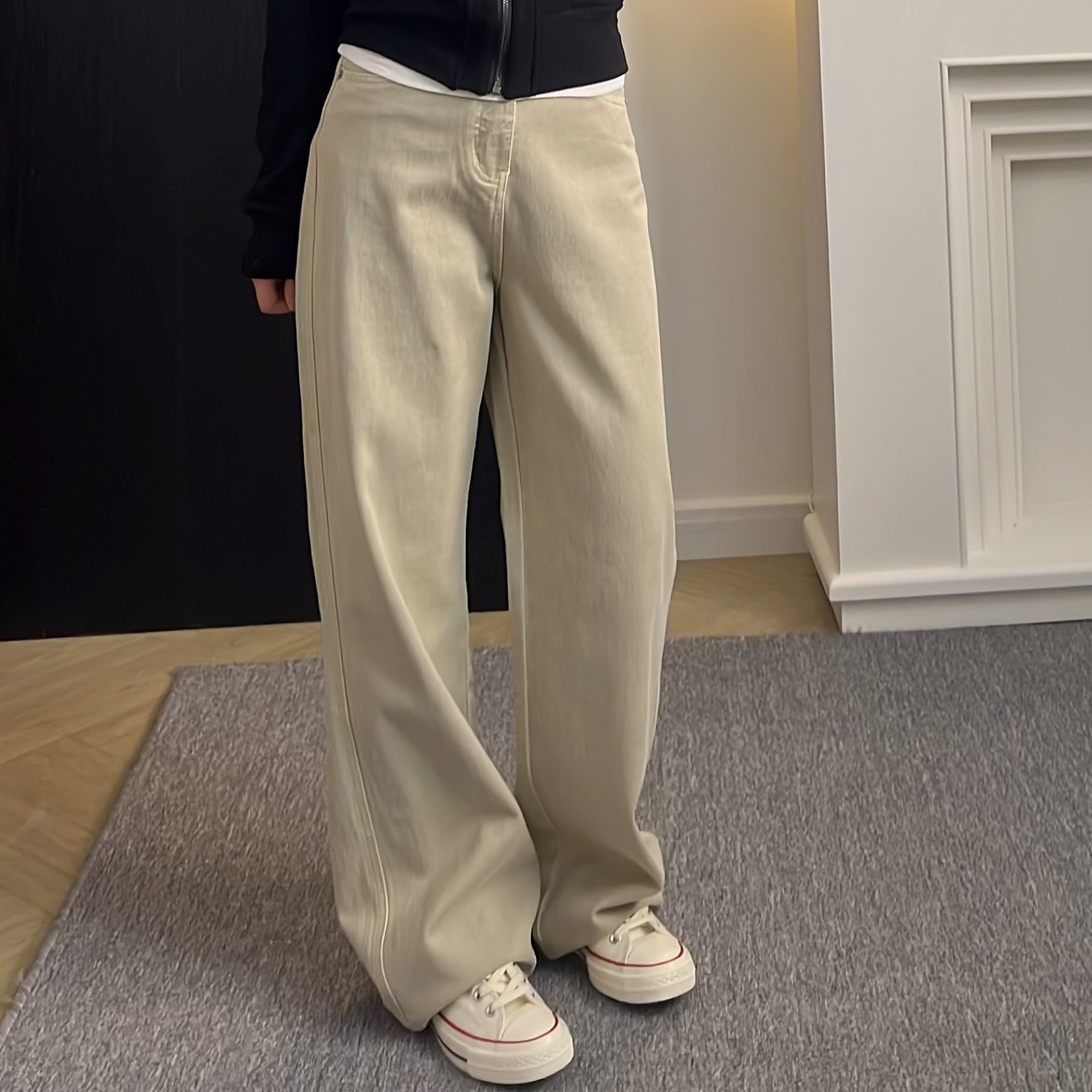 新款【卡其色牛仔】复古高腰阔腿裤拖地长裤宽松直筒水洗牛仔裤女