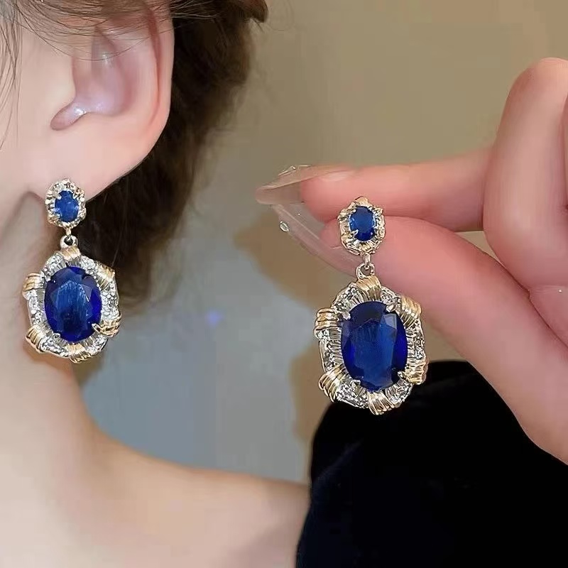 铜合金耳饰 【希尔茉】法式蓝色轻奢时尚百搭复古-687