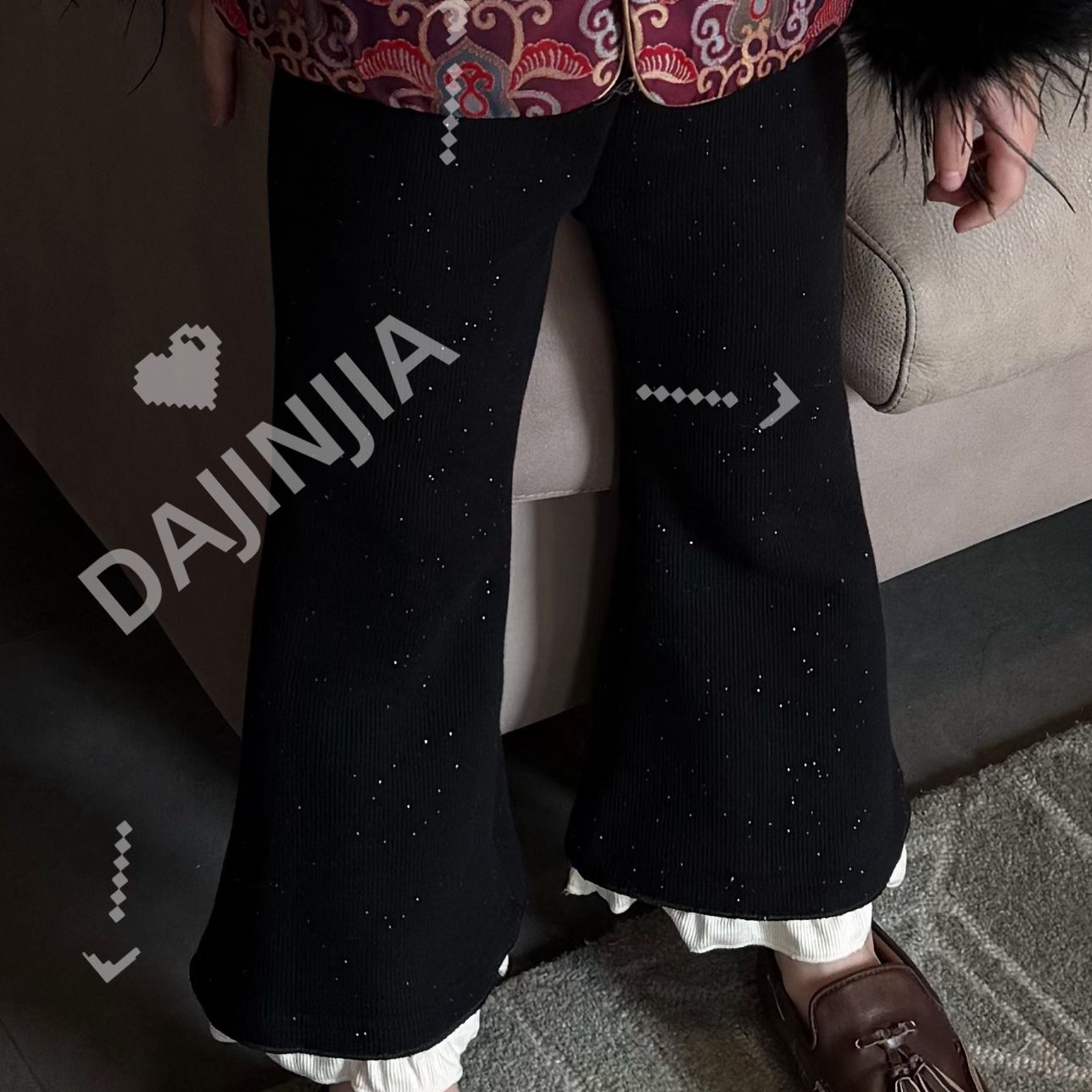 大金定制童装甜美加绒加厚拼接微喇时髦感淑女风休闲微喇裤