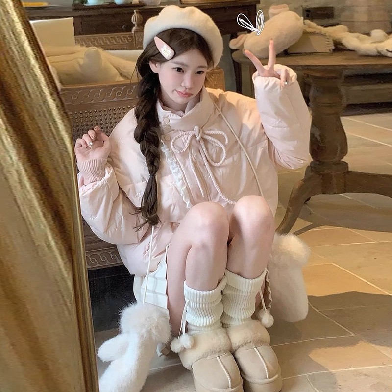 【现货+运费险】粉色高级感蝴蝶结羽绒棉服女冬季小个子面包服外套