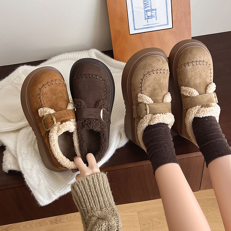 【可可】复古厚底勃肯鞋5CM魔术贴编织设计感百搭乐福鞋软底增高鞋