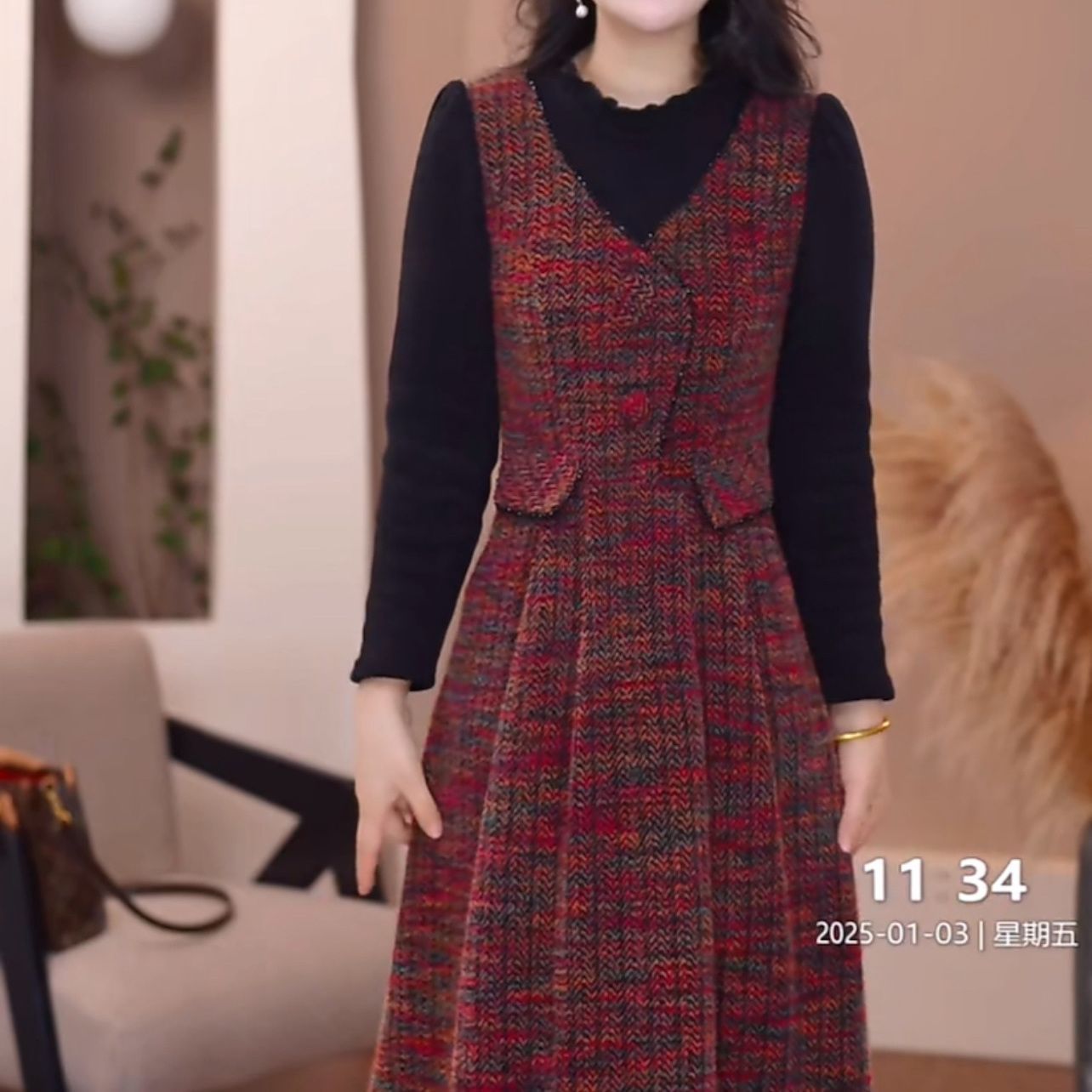 高端时尚拼接连衣裙女春秋新款气质洋气遮肉显瘦中长款裙子8017#