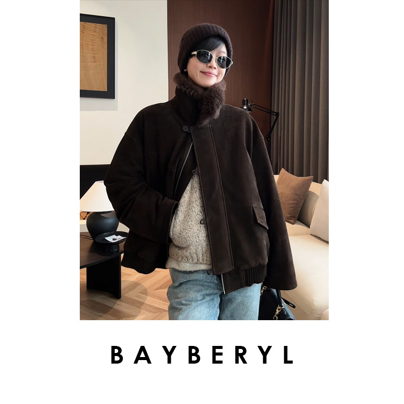 BAYBERYL老贝大埃蒙可拆毛领立领棕冬皮羽绒服PY5K0401-11/16