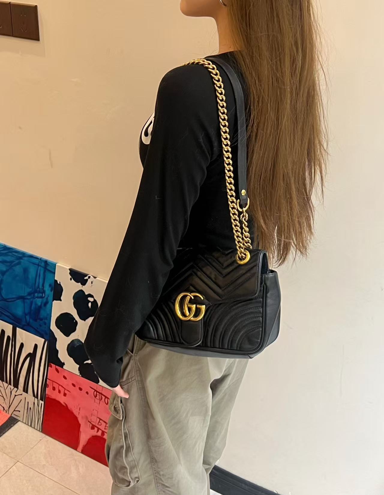 95新 GUCCI/古驰 黑金马蒙26斜挎包/单肩包