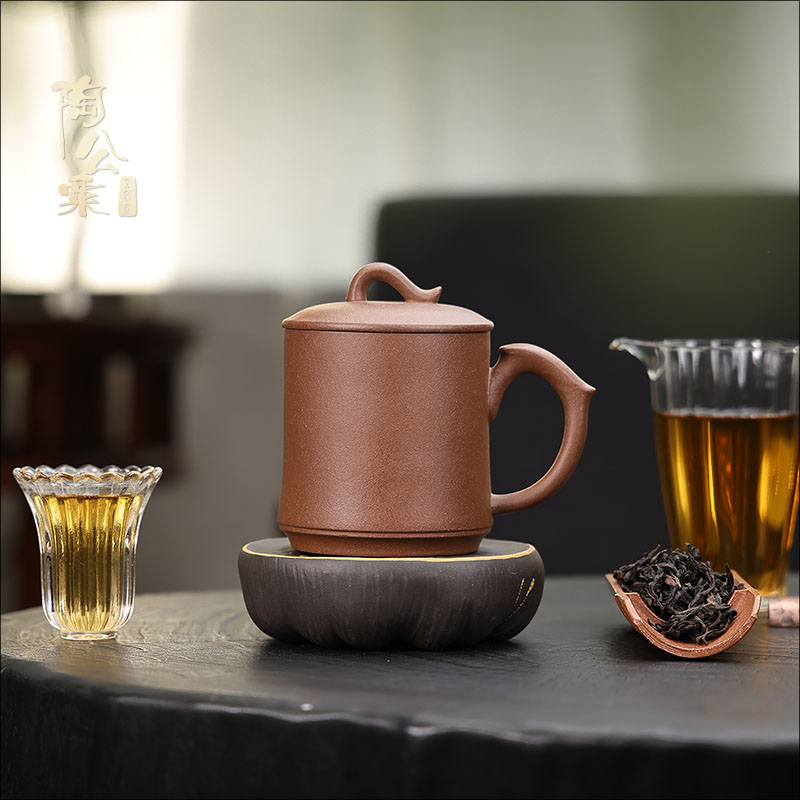 陶公粟原矿红朱段《一帆风顺盖杯》340cc陶公粟手制精美紫砂盖杯