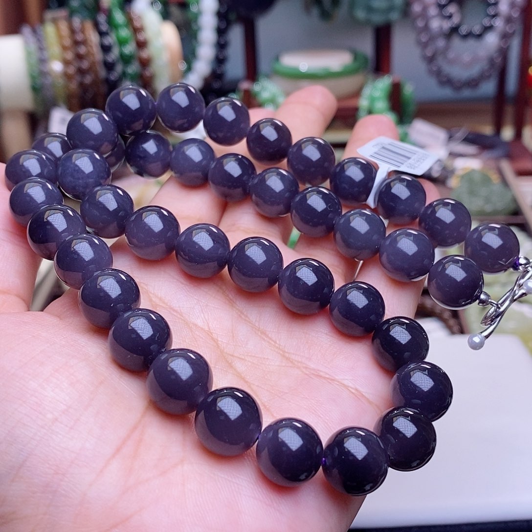 和田玉未镶嵌颈饰毕业级老坑料高冰浓烟紫妈妈链12m