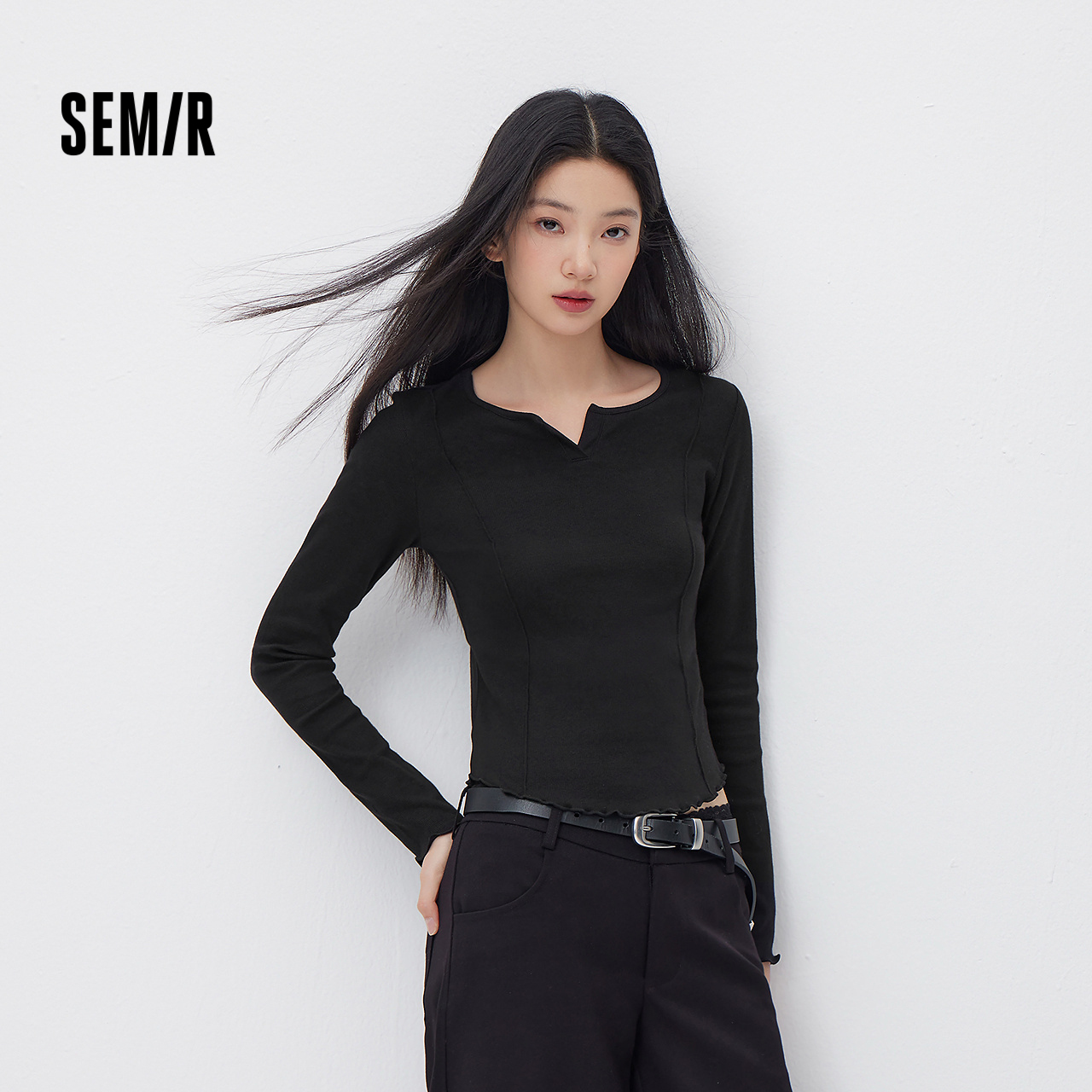 森马长袖T恤女春季短款纯色正肩木耳边花边内搭分割紧身显瘦上衣