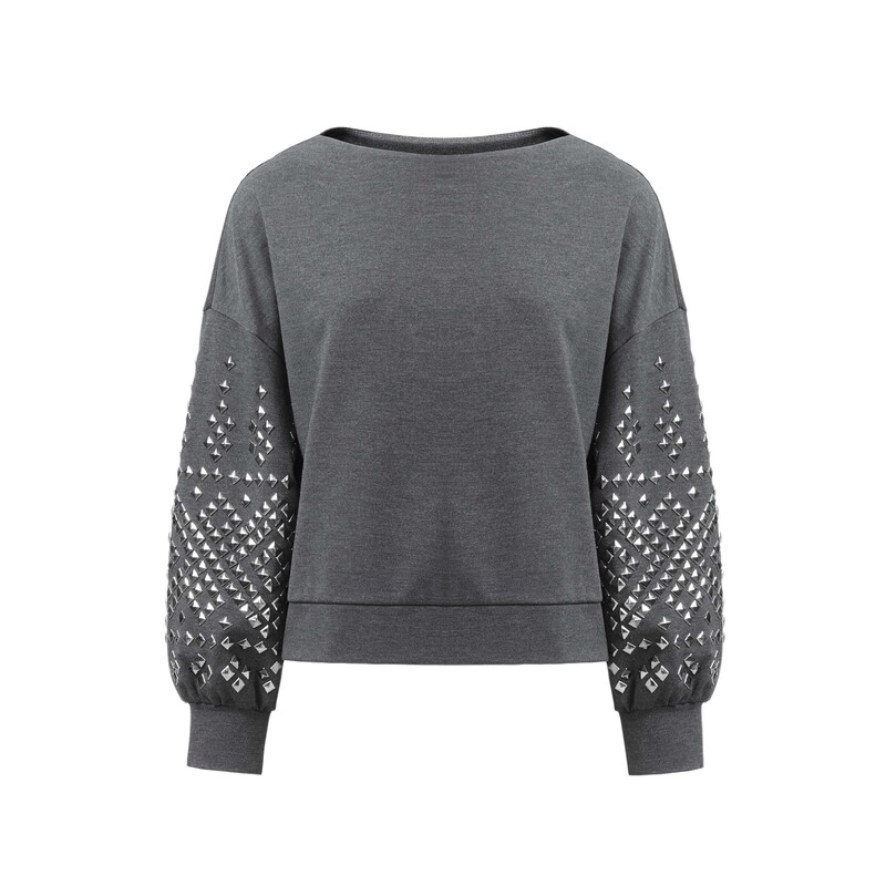 S·DEER圣迪奥女装时尚休闲百搭圆领铆钉落肩袖宽松T恤S24480201