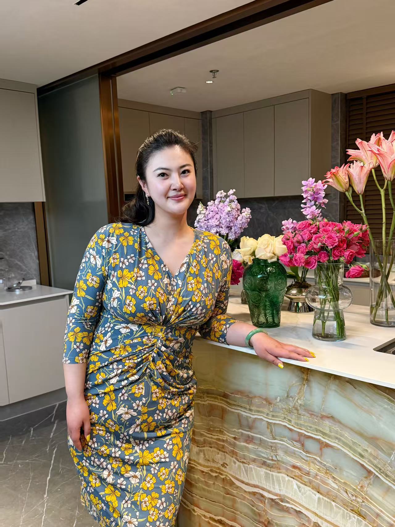 【HUAENYUAN】#016轻奢气质遮肚子修身显身材黄色印花针织连衣裙