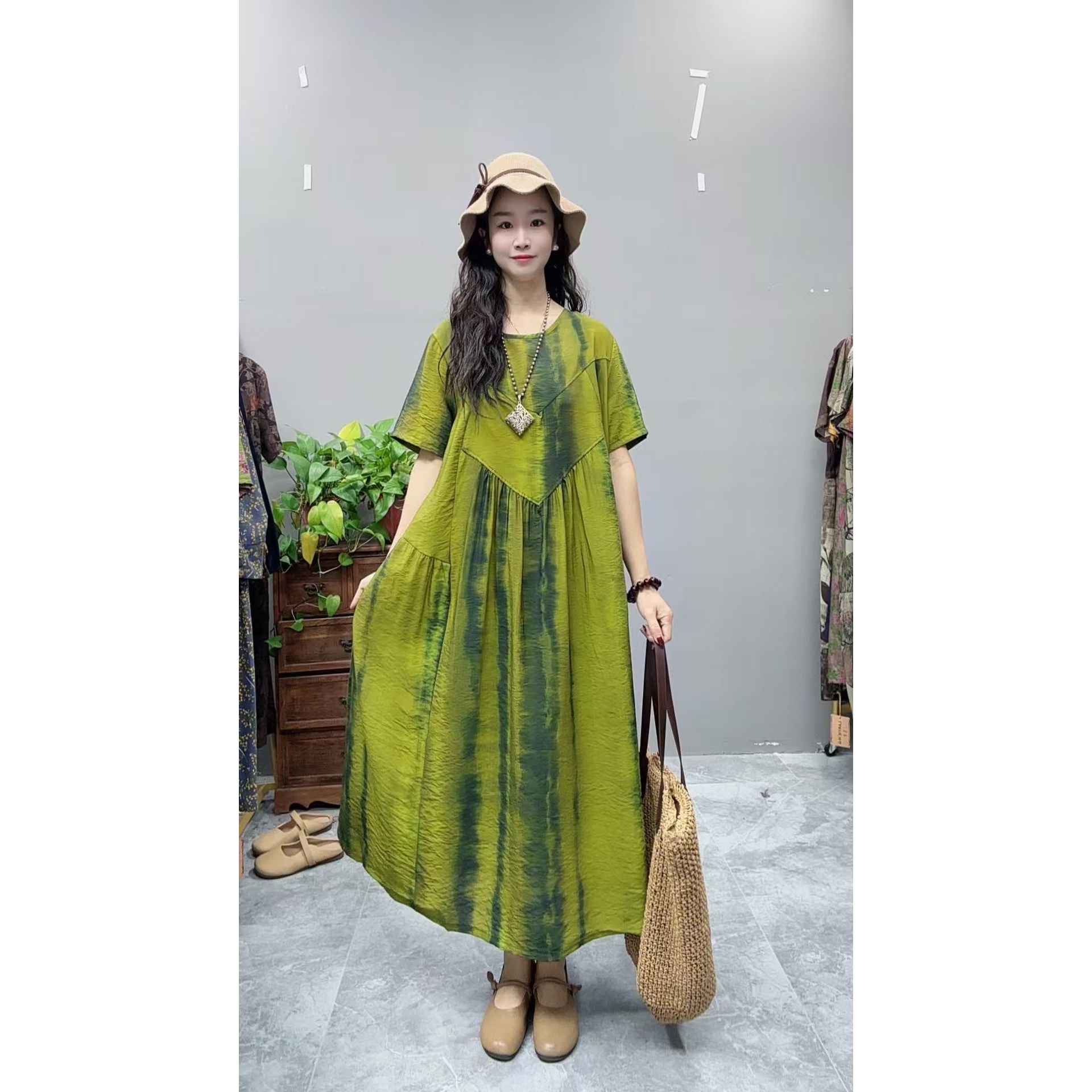 5002夏季新款清凉气质时尚复古遮肚宽松女显瘦百搭圆领休闲连衣裙