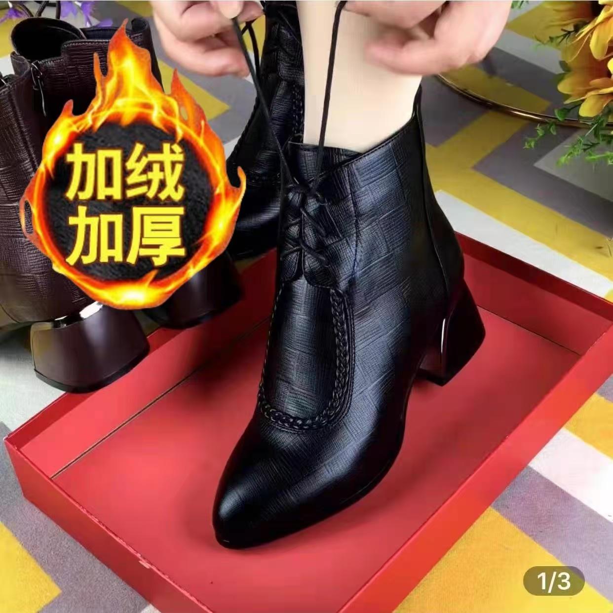 【万达撤柜仓】秋冬新款粗跟时尚百搭英伦女风软皮靴蝴蝶结中筒皮靴