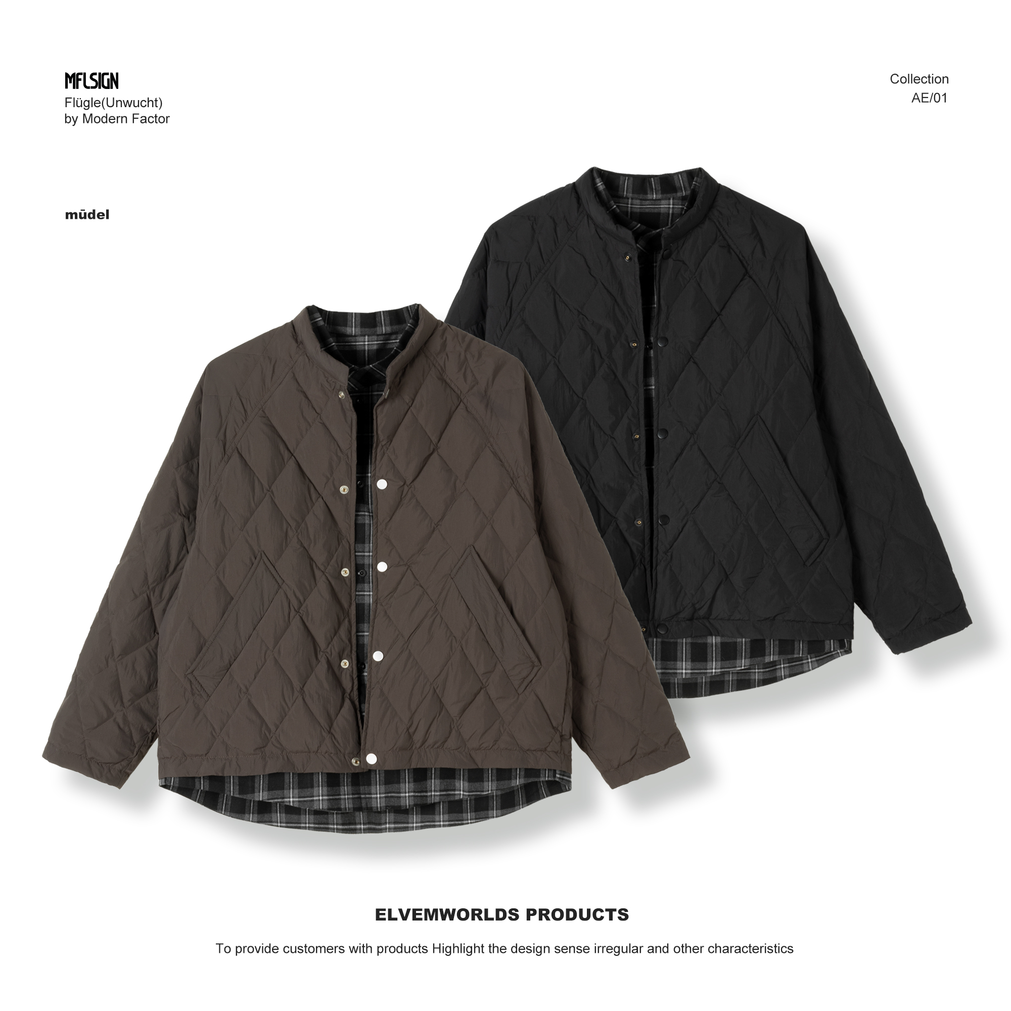 【未裁YC】男士冬季设计师款假两件格子拼接宽松轻薄款羽绒服外套