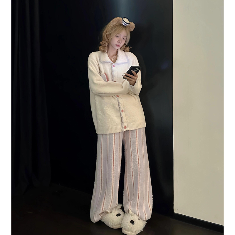 韩系可爱针织半边绒睡衣女冬季加厚条纹长裤家居服大码套装可外穿