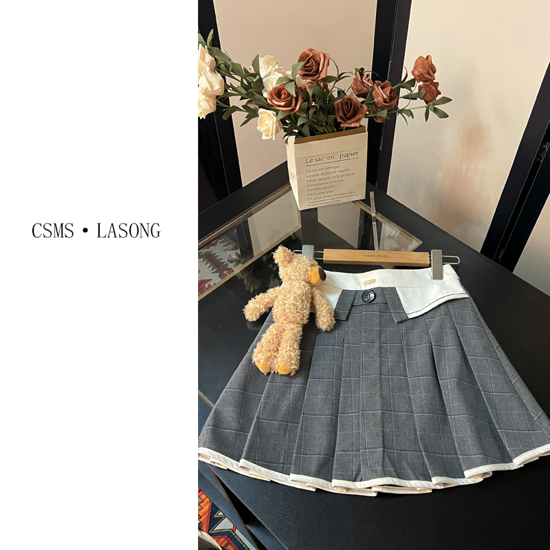 夏季新款百褶裙灰色格子学院风半身裙显瘦百搭设计感减龄