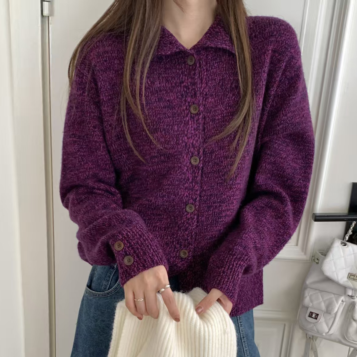 翻领毛衣开衫 罗文纽扣门襟针织外套休闲显瘦实穿4800