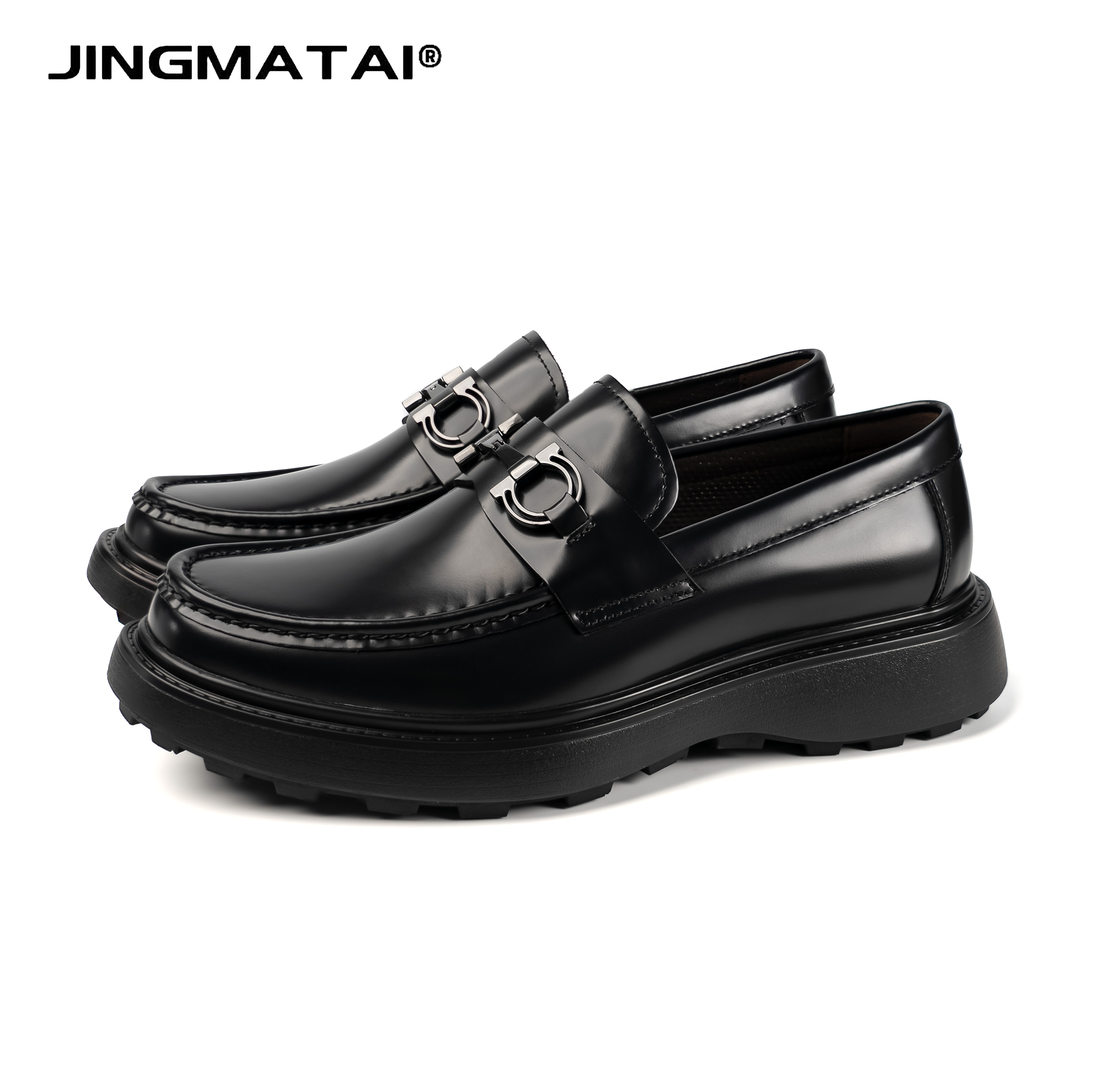 JINGMATAI男士潮流舒适四季百搭真皮厚底增高乐福鞋商务皮鞋黑色