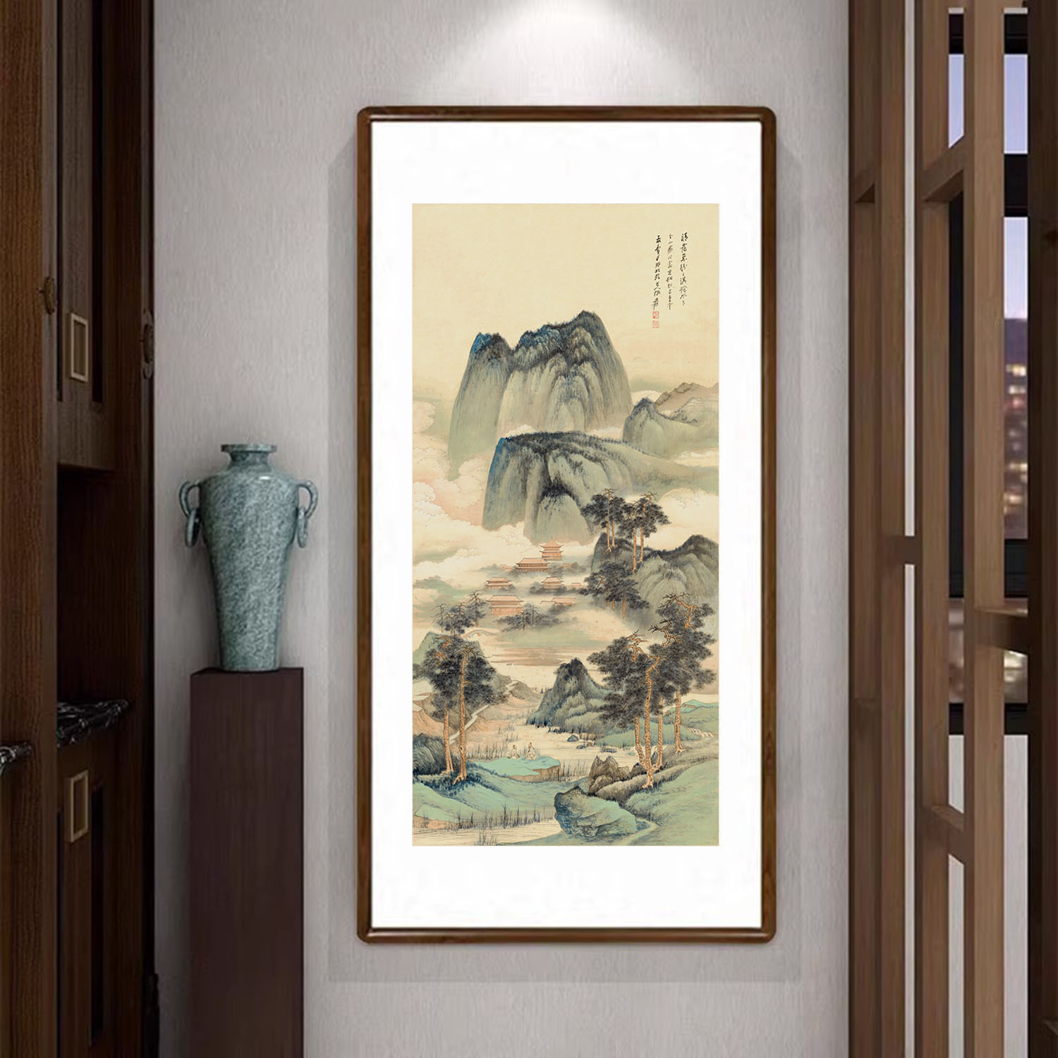 晴霭仙阁图国画山水挂画新中式客厅玄关装饰画办公室书房大气壁画