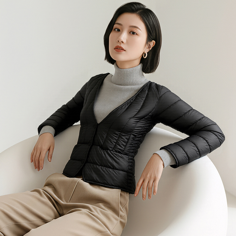 羽绒内胆女修身轻薄秋冬保暖配大衣伴侣打底内穿低V领新款羽绒服