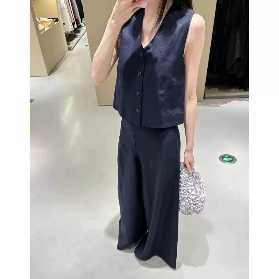 CS女装藏青色亚麻马甲+阔腿裤套装阔腿裤子女 夏季新品直筒休闲裤