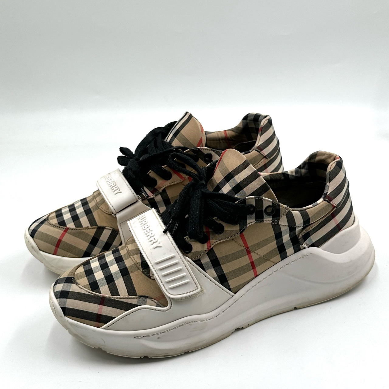 95新 BURBERRY/博柏利 43码/格纹魔术贴厚底老爹鞋/06057