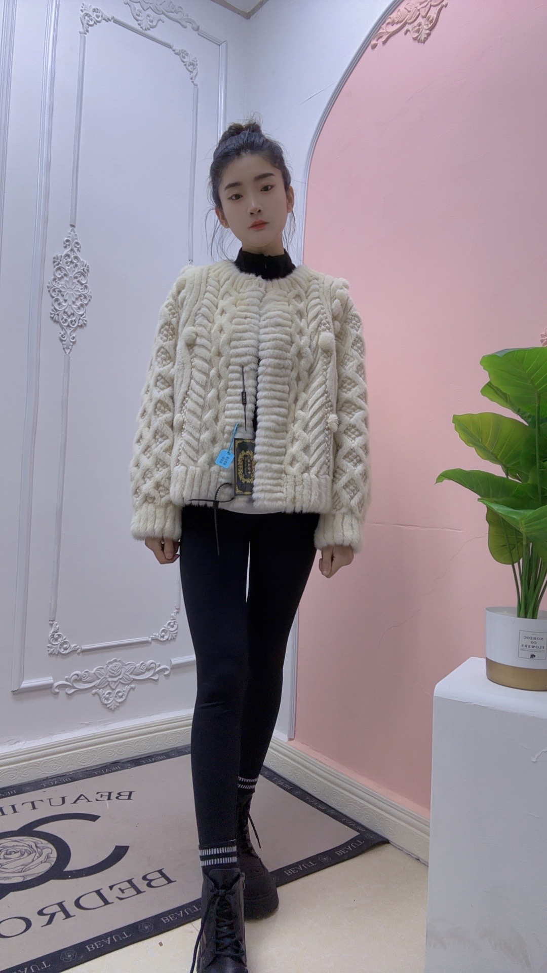 小香风进口天鹅绒整貂皮草外套女装设计师毛衣通勤厚款纯色长袖