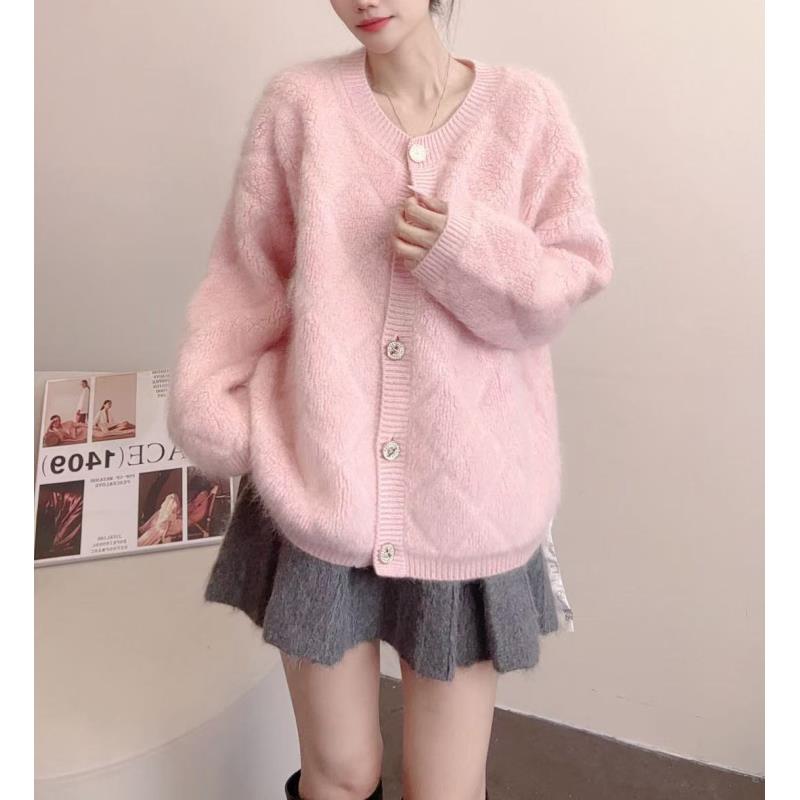 【100山羊绒】拉绒工艺255354-时尚减龄圈圈绒菱形格图案针织外套