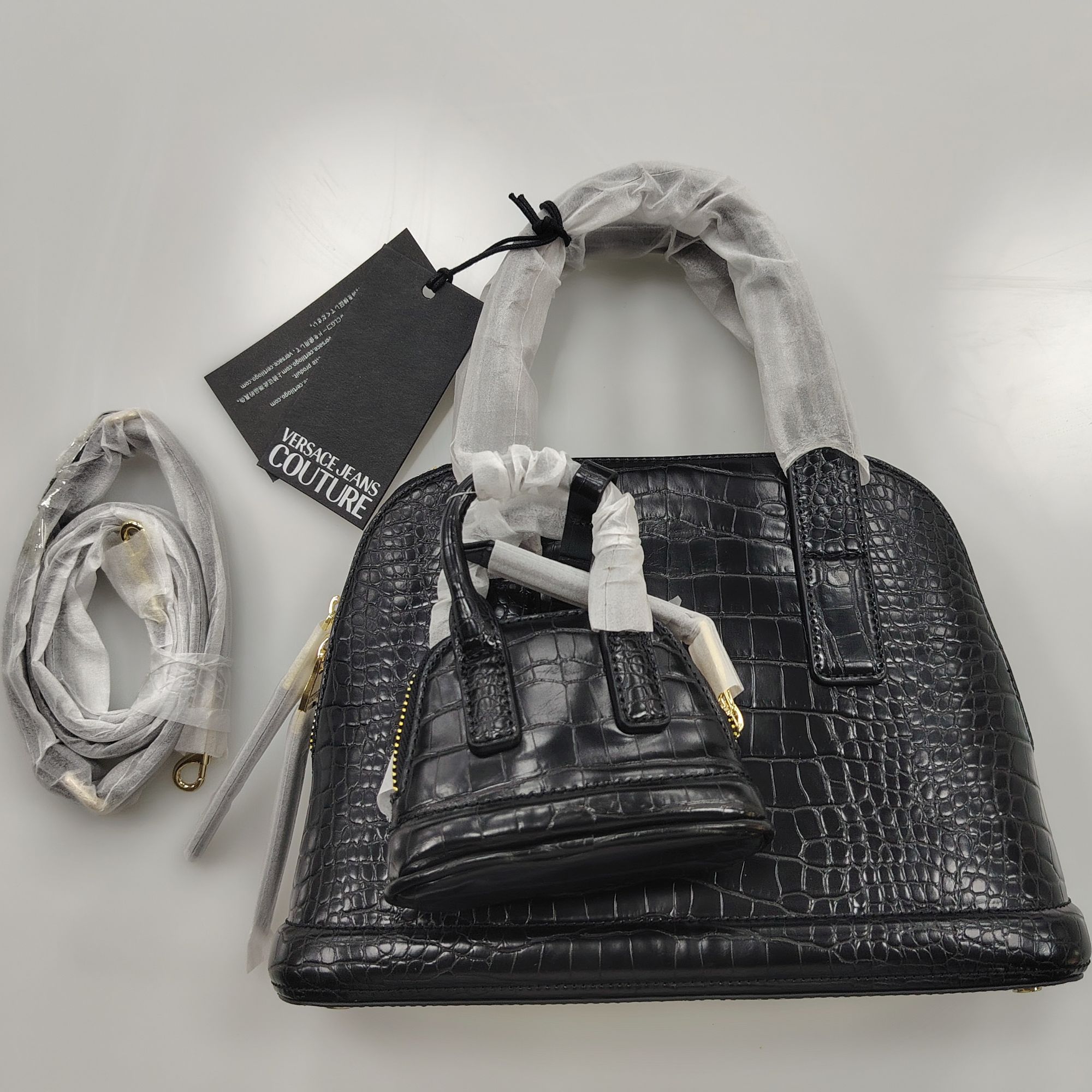 范思哲【K327】黑色鳄鱼纹贝壳子母包化妆包金属装饰手拎包刷包