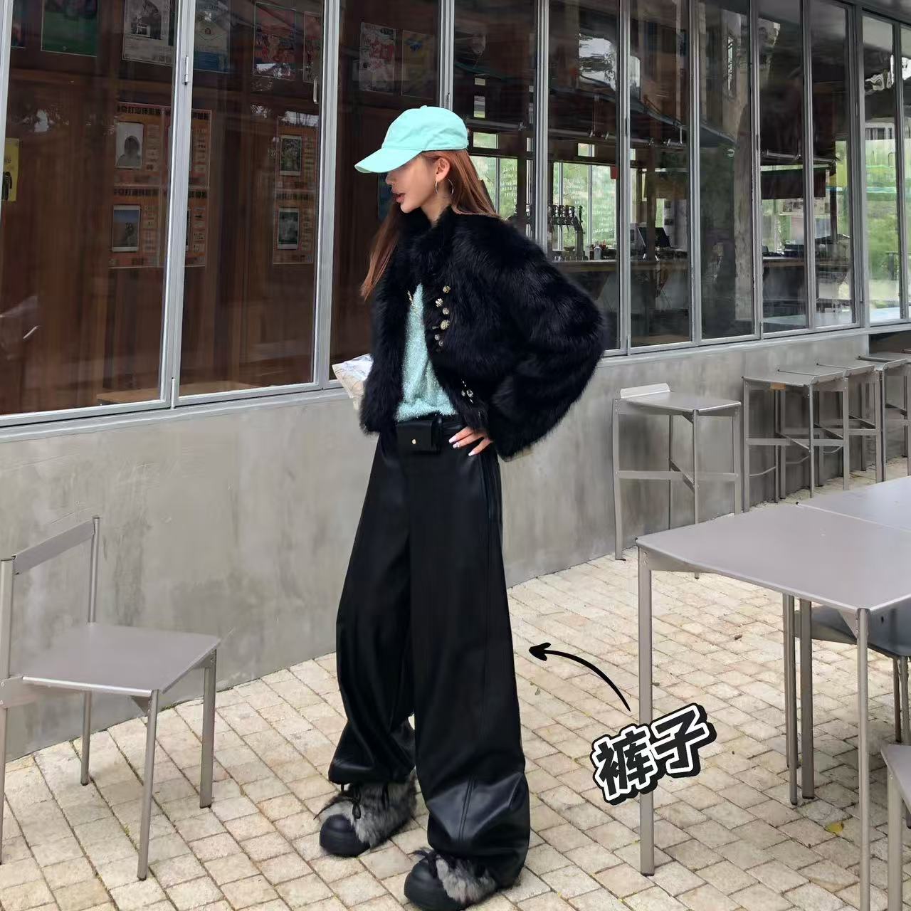 婉君Q【弯刀皮裤】韩系早春阔腿宽松休闲阔腿裤皮裤LWJ25C3K3073