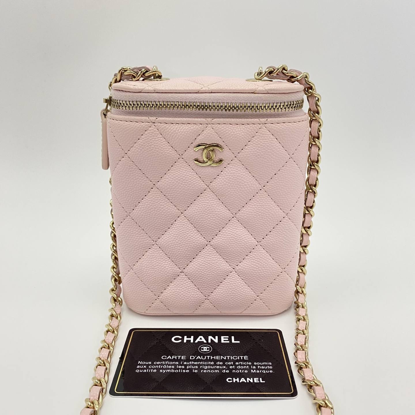 95新 Chanel/香奈儿 樱花粉金菱格纹单肩斜挎烟盒包 83491