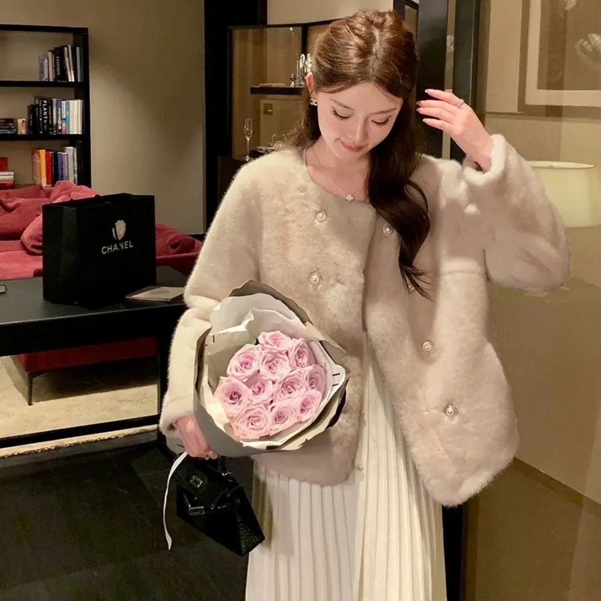新款秋冬仿水貂外套双排扣圆领小香风皮毛一体加厚环保毛毛女195#