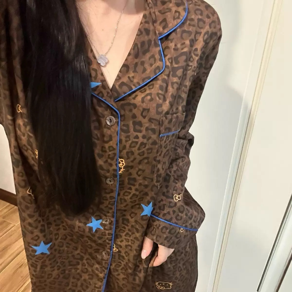 高级复古美拉德豹纹冰丝睡衣女春秋款长袖长裤家居服套装可外穿