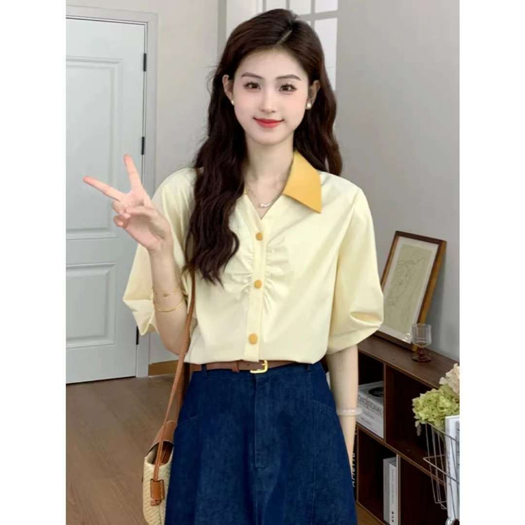 港风复古短袖衬衫女2024夏季新款小香风宽松别致气质翻领衬衣上衣
