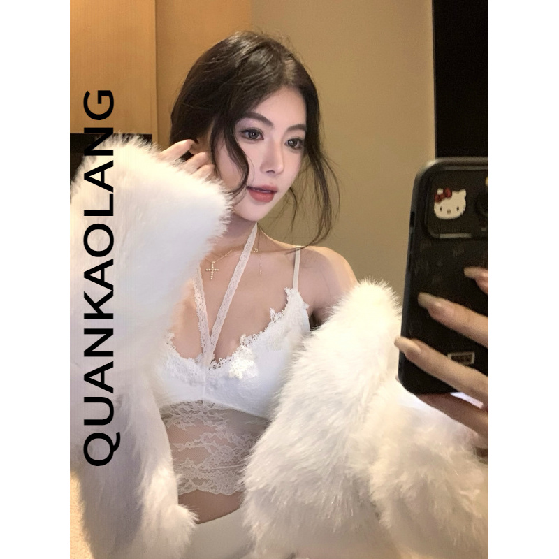 甜美内搭圣诞蕾丝吊带背心带胸垫花边镂空纯欲上衣白色黑