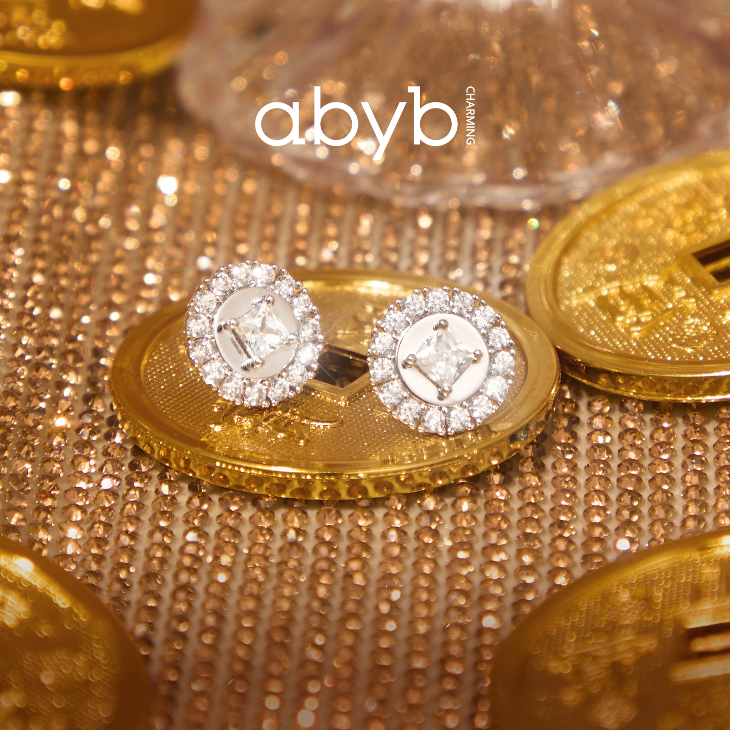 ABYBCHARMING 铜合金合成锆石耳饰 聚宝原币耳钉立体镶嵌素款耳饰