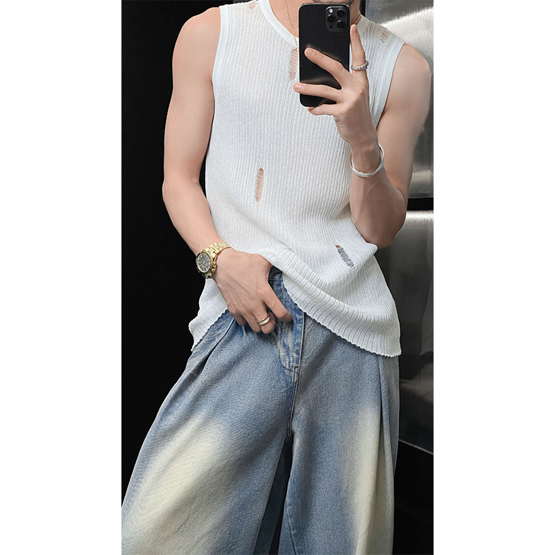 龙叨叨夏季新款潮流镂空破洞针织背心宽松设计感休闲百搭无袖上衣