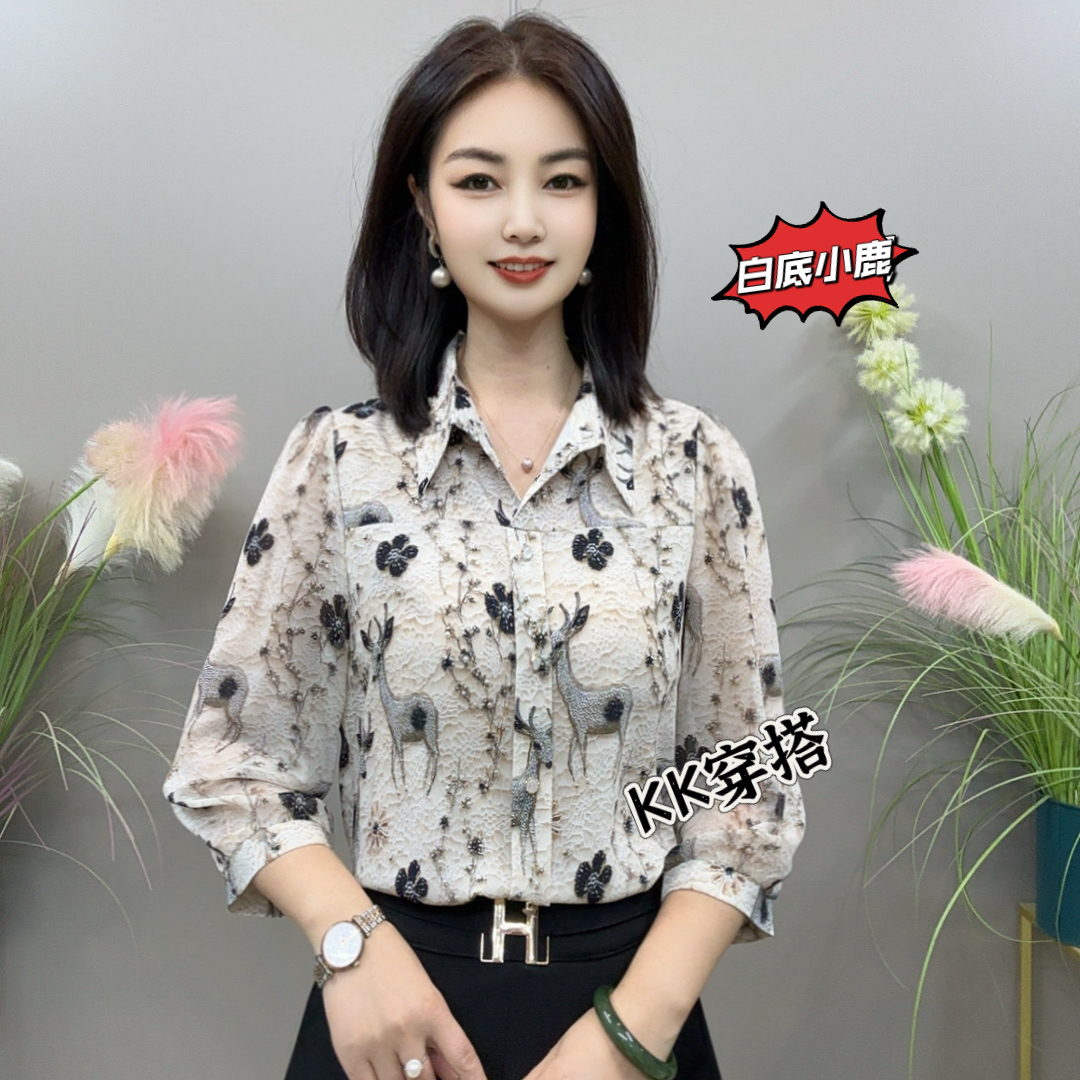 【KK】YBB2531夏季时尚小鹿山水印花六分袖款气质百搭衬衫