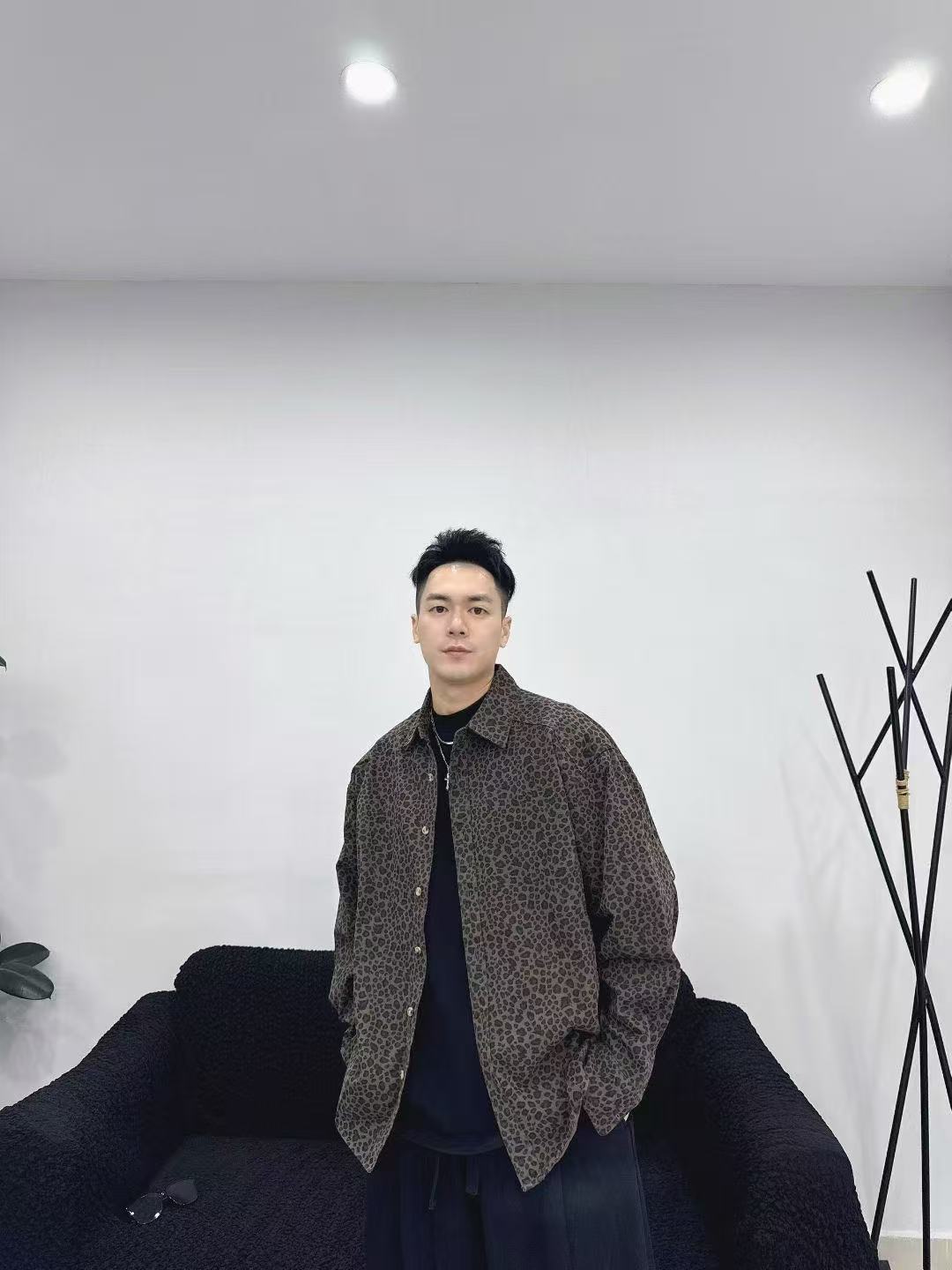 秋季新款豹纹男士毛呢青年设计师做旧男长袖衬衫